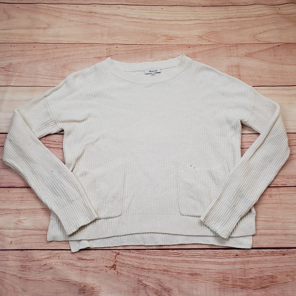 Madewell Sweater XS Ivory Cream Ribbed Cotton‎ Blend Crewneck Cardigan Ladies *